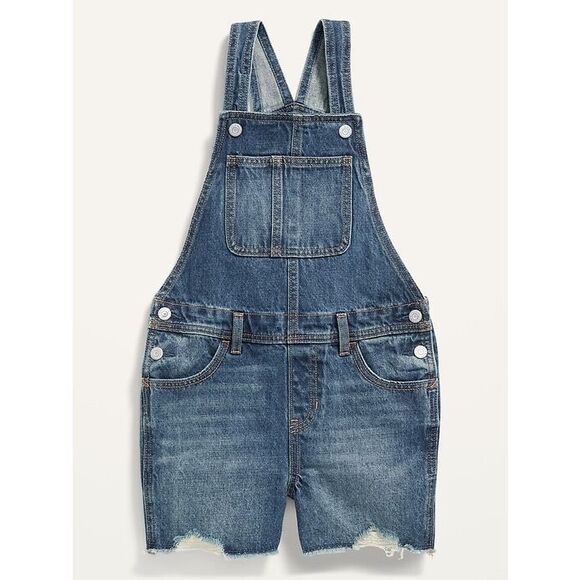 Old Navy Girls Medium Wash Frayed Hem Jean Shortalls Size 8 - Picture 1 of 16